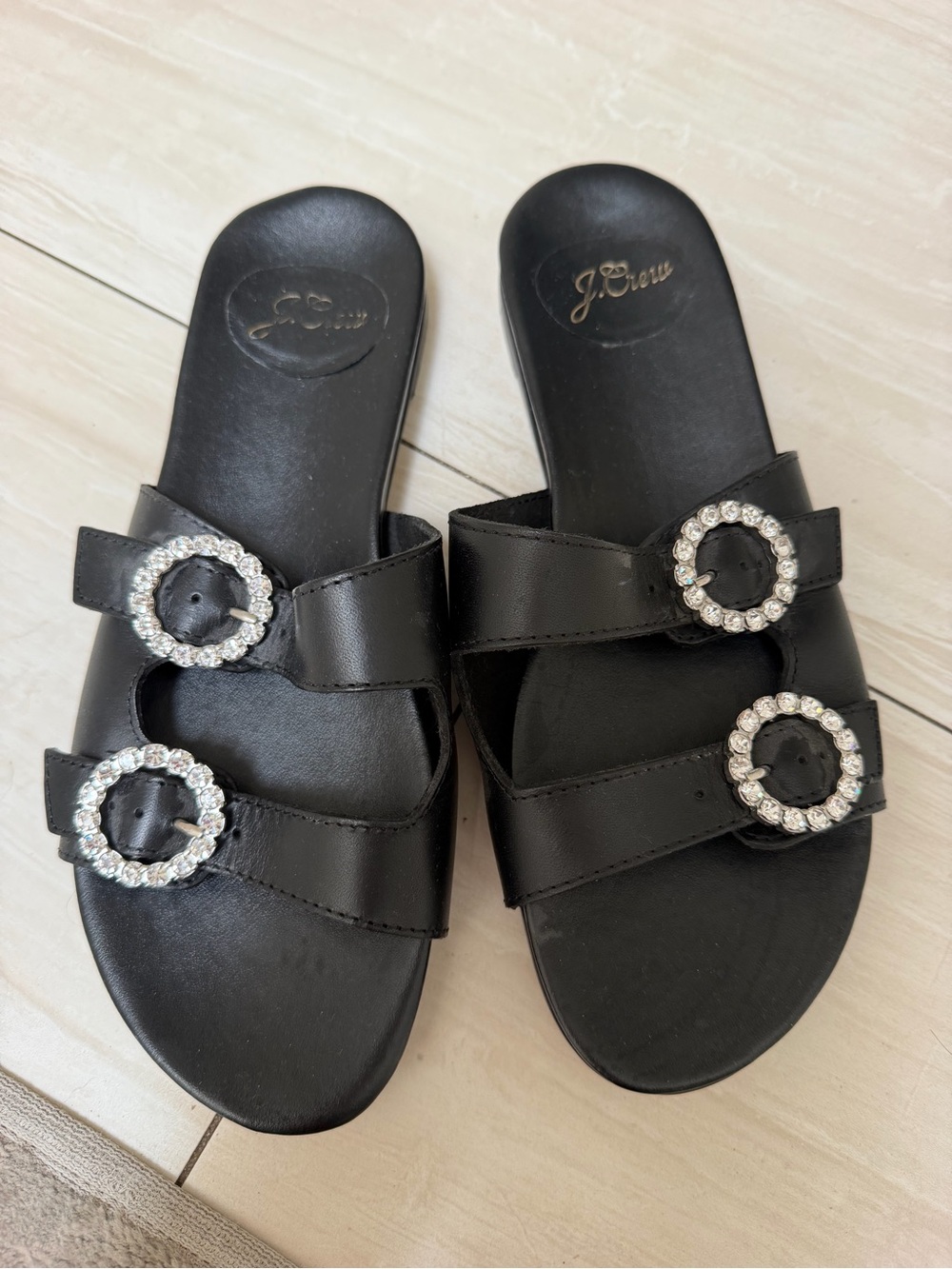 J. Crew Black Slide Sandals with Rhinestone Buckles